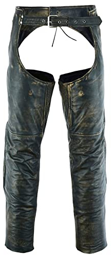 Dream Apparel Motorrad-Reitchaps für Herren, Leder, Used-Look, mit Reißverschluss, Cowboy-, Biker-Chaps-Hose mit 4 Taschen, Braun