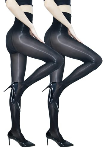 GOCBOBO 2 Paar Glänzend Strumpfhose Damen Sexy Ölig Seidenstrumpfhose Reißfest Hohe Taille Feinstrumpfhose Große Größen Schwarz