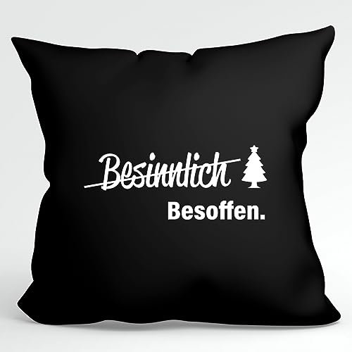 Huuraa Kissen Besinnlich Besoffen Tannenbaum Deko Kissenbezug 40x40cm Black mit Weihnachts Motiv Geschenk Idee für Freunde und Familie