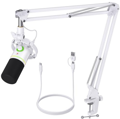 MAONO XLR/USB Dynamic Microphone Kit, RGB Podcast Mic with Software, Mute, Gain Knob, Volume Control, Boom Arm for Streaming, Gaming, Voice-Over, Recording-PD200XS White