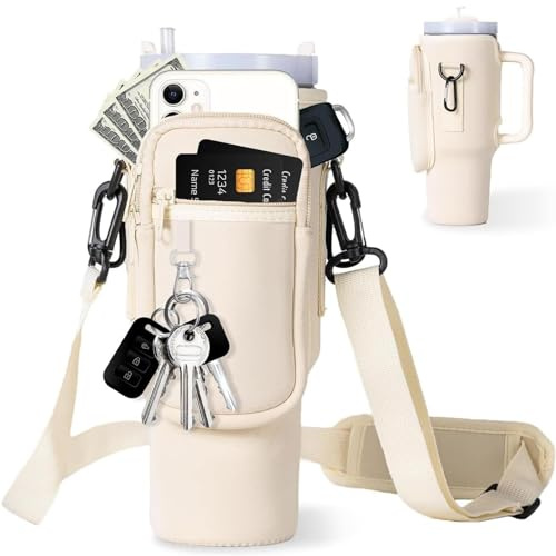 Stanley Trinkflaschen-Tragetasche, 1,2 l, mit Handytasche, Kartentasche, Bergsteiger-Schnalle und Schlüsselanhänger, schwarze multifunktionale Flaschentasche für Stanley Cup-Zubehör
