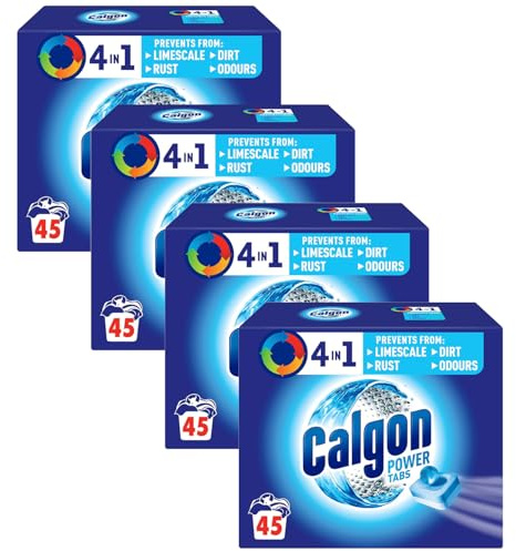 Calgon 4-in-1 Washing Machine Cleaner and Water Softener Tablets, 45 Count, Pack of 4 | Removes Limescale, Residue, Dirt, Rust & Malodours | Deep Clean | L Pack Size