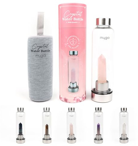 Myga Rose Quartz Crystal Water Bottle - 500ml Glass Drinks Bottle with Natural Healing Crystal & Neoprene Sleeve for Wellness & Self-Care - Gemstone: Rose Quartz