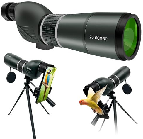 Miras de detección con 20-60 x 60 mm, 39-19 m/1000 m con trípode, lente FMC, ocular angular BAK4, alcance a prueba de niebla con adaptador de teléfono, bolsa de transporte, observación de aves y vida