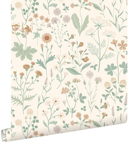 ESTAhome tapet vilda blommor grönt, terrakottaröd och syrénlila 53 cm x 10.05 m
