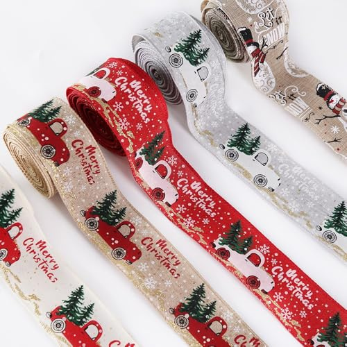 5 Rollen Geschenkband Weihnachtsband 25M Breit 5cm | weihnachtsgeschenkband Juteband mit Draht Schleifenband Sackleinen Dekoband, Weihnachtsbänder für Basteln Bögen Baumdeko