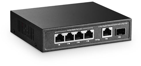 YuLinca 6 Port Mini Gigabit PoE Switch mit 4 PoE+ Port, 1 Gigaibt RJ45 Uplink, 1 Gigabit SFP, IEEE802.3af/at, Max 65W, Metall Lüfterloser Plug & Play Ethernet Switch