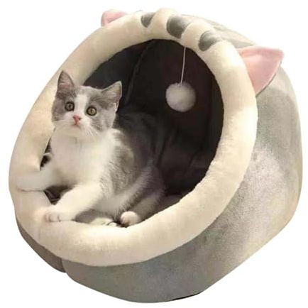 Aizuoni Katzenhaus Höhle, Katzenhöhle Katzenbett Flauschig, Katzenbett, Katzennest Für Hunde Katzen Mit Herausnehmbarem - Kätzchenhöhle Mit Hängespielzeug Und Wattepad, Halbgeschlossenes Welpenbett
