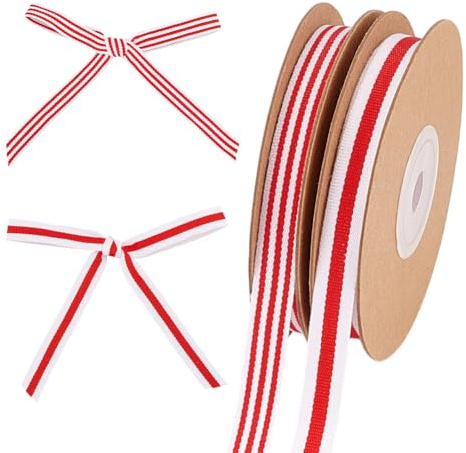 PH PandaHall 20 yards/18,3 m rött vitt randigt band 2 stilar 10 mm (3/8 tum) tygband röd vit polyester grosgrain band för presentinslagning julgran sömnad hem fest bröllopsdekoration