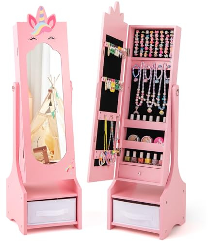 DREAMADE 2-in-1 Kinderspiegel neigungsverstellbar, Kinder-Kosmetikspiegel aus Holz, Kinder freistehender Standspiegel mit Schmuckschrank & Stoffbox für Kinder ab 3 Jahren (Rosa,Einhorn 2)