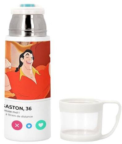Bouteille thermo en Inox avec Tasse Intégrée - Gaston La Belle et la Bete Réseau Social Rencontre Parodie - 350ml - Bouteille Isotherme