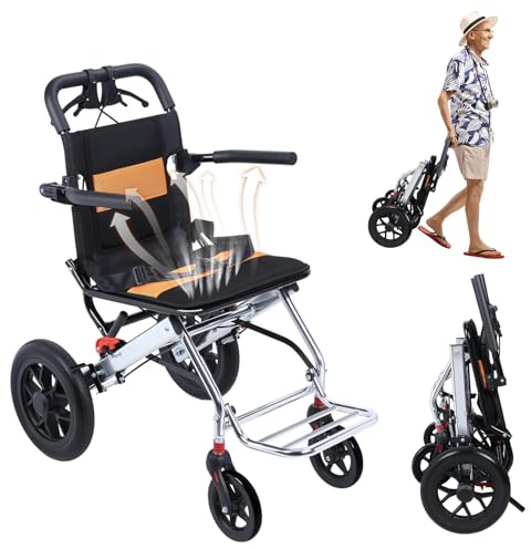 gibxiyza Lightweight Foldable Transport Wheelchair for Adults Narrow Doorways Wheel Chair 15.75-Inch Wide Seat Portable Transport Chair Travel Wheelchair with Handbrake, Load Capacity of 80Kg A