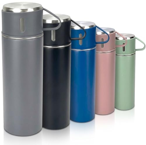 Thermosflasche 500 ml aus Edelstahl – Trinkflasche & Wasserflasche auslaufsicher, BPA-frei – Isolierflasche mit 2 Tassen & Griff – hält 12 h heiß & 24 h kalt Farbe Grau