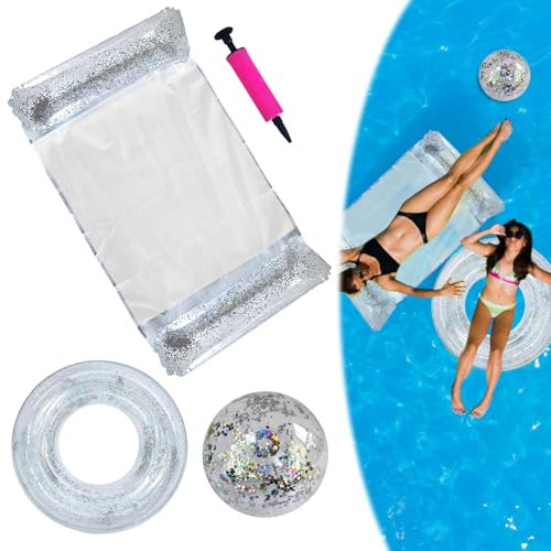 4 Stück Aufblasbares Schwimmbett, Pailletten Aufblasbare Wasserhängematte mit Schwimmring Wasserball Pumpe，4-in-1-Multifunktions Pool Luftmatratze für See Strand Schwimmbad Wasserspaß
