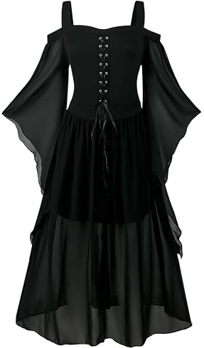 QEKFDOV Damen Mittelalter Kleid Mit Trompetenärmel,Renaissance Gotisch Maxikleid,Karneval Halloween Party Kostüm(C, 3XL)
