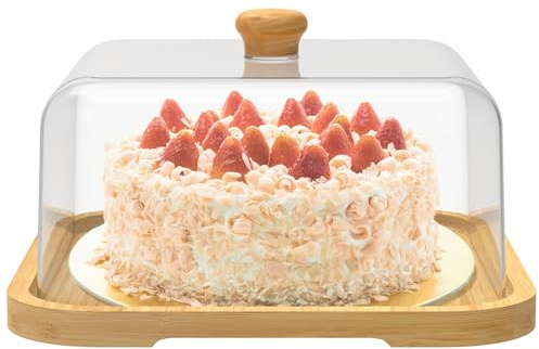 Cake Stand with Lid,12in Wooden Cake Holder,Square Dessert Table Display Plate with Acrylic Cover,Multi Purpose Charcuterie Board for Cheese,Chips & Dips, Nachos, Fruit Platter