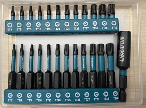 LIBRATON Juego de 25 Puntas de Torx de Seguridad, Estrellas Antimanipulación para Impacto, Puntas de Destornillador en S2 con Punta Magnética (2.5cm et 5.1cm), Incluye Portapuntas Magnético y Caja