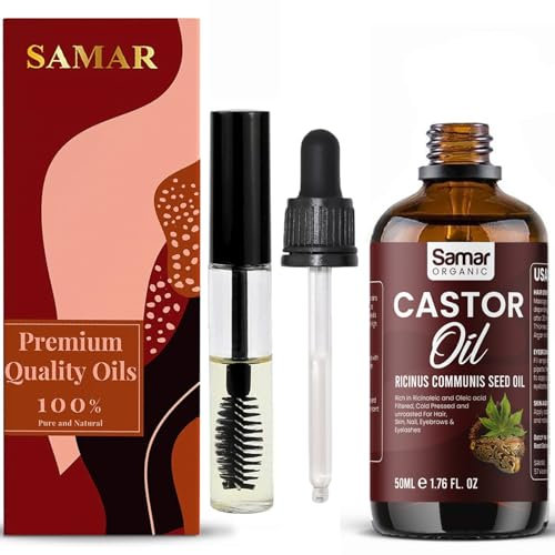 Organic Castor Oil 100% Pure Cold Pressed – Natural Hair Growth Oil for Scalp, Eyelashes & Eyebrows, beard – Skin & Nail Moisturiser, Unrefined – Glass bottled with pipette & Mascara Tube (50ml)