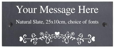 Personalised Heart Swirl Motif Natural Slate House Shed Door Garden Fence Yard Sign Home Gate Plaque with wall fixings - 25x10cm