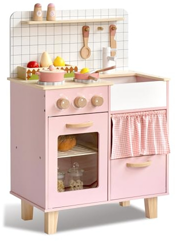 Pink Wooden Play Kitchen with Realistic Features & Accessories, Pretend Cooking Toy for Kids 3+, Ideal Gift for Toddler Boy and Girls