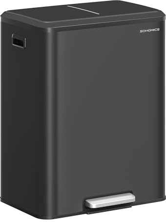 SONGMICS Poubelle de Cuisine, 2 x 30 L Poubelle Double pour le Recyclage et les Déchets Ménagers, Seaux Intérieurs, Acier, Fermeture Douce, Pédale, Noir d'Encre LTB566B02