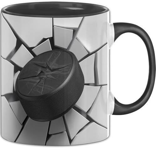 3D Eishockey Puck Tasse Geschenk Eishockey Puck Durchbruch Wand Spruch Geschenkidee für Eishockey Puck Liebhaber (Schwarz)