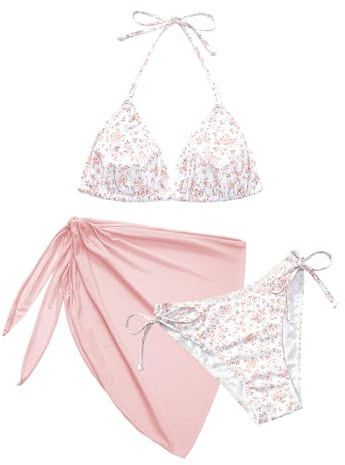 Vijamiy Bikini Damen Set 3 Teiliger Triangel Bikinis Push Up Neckholder Sexy Push Up V Ausschnitt Bademode mit Rock Swimsuit Set (Rosa,M)