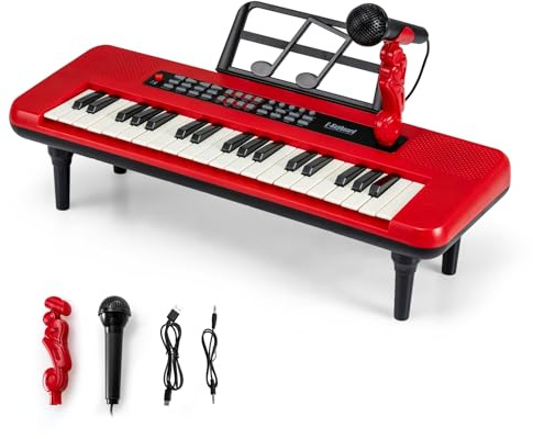 COSTWAY Tastiera Pianoforte per Bambini 37 Tasti, Giocattolo Musicale Portatile con Microfono e Leggio, Gambe Staccabili, Strumento Digitale Educativo per Bambini 3+ Anni (Rosso)