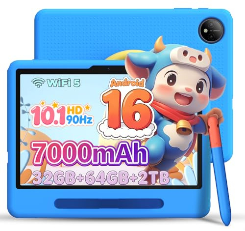 POPUX P10 Kid Tablet 10 Pulgadas, Tablet para Niños con 32GB RAM+64GB ROM, 90Hz Android 16 Tablet con Gemini AI, T310 Quad-Core, 7000mAh, 5G WiFi, 8MP+5MP, Tablets con Lapiz, Funda Silicona, Azul