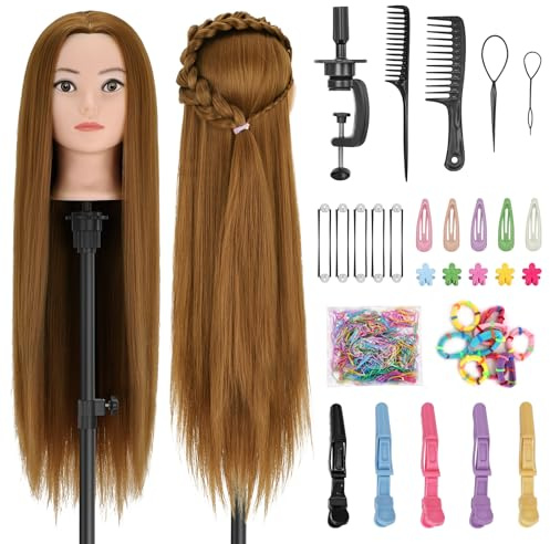 Yekavo Styling Head,Practice Head for Hairdressing,28-29inch 100% Synthetic Training Hairdressing Doll Hair Head for Hairstyle,Long Hair Mannequin Head with Clamp Stand & Braiding Styling Tools