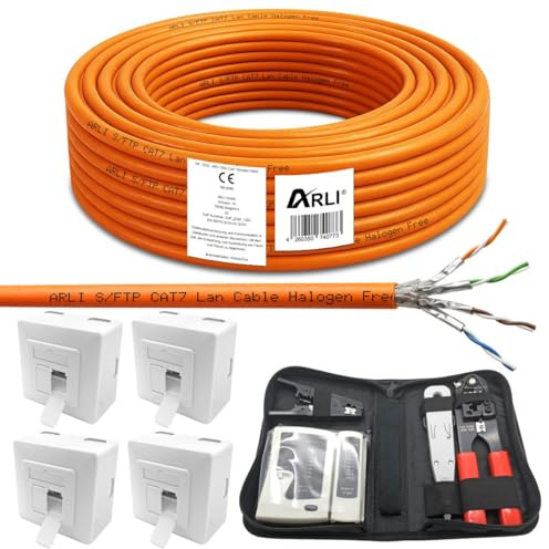 ARLI CAT 7 50m Verlegekabel Netzwerkkabel CAT.7 + 4x Netzwerkdose Cat6a + 1x Werkzeugset Crimpzange Abisoliermesser Tester Werkzeug Set 4 in 1 für Netzwerkinstallation und Telefoninstallation