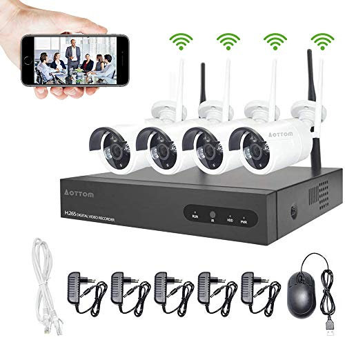Aottom Cámaras Bala de Vigilancia WiFi 8CH Kit de vigilancia de Video WiFi Cámaras - WiFi NVR + 4pcs Cámaras WiFi, Visión Nocturna, Detección de Movimiento, Email Alarmas, P2P, App Remotely, no HDD