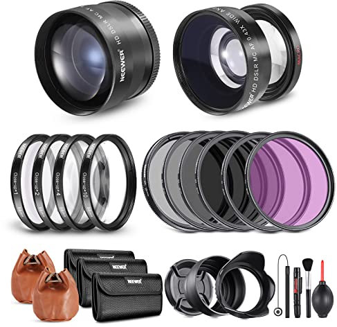 Neewer 58mm Lens and Filter Set: Wide Angle/2.2X Telephoto Additional Lens for 18mm-85mm APS-C Lens, (+1+2+4+10) Close Up Macro/ND/UV/CPL/FLD Filters for Camera Lens with ⌀58mm Thread
