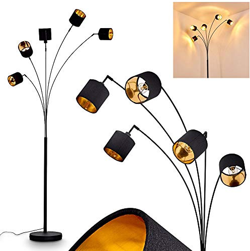 Stehlampe Alsen, moderne Stehleuchte aus Metall/Stoff in Schwarz/Gold, 5-flammig, 5 x E14, Höhe 204 cm, Bodenlampe mit verstellbaren Textil-Schirmen und Fußschalter am Kabel, ohne Leuchtmittel