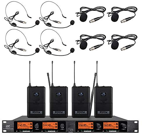 Wireless Microphone System Pro Audio UHF 4 Channel 4 Lavalier Bodypacks 4 Lapel Mic 4 Headsets for Karaoke System Church S.