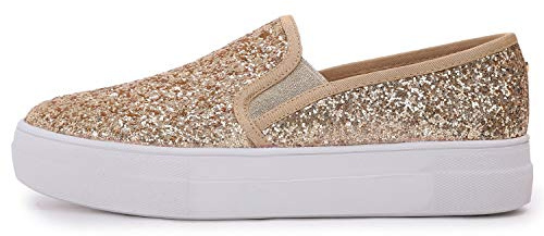 FEVERSOLE Women's Fashion Slip On Sneaker Casual Platform Loafers Glitter Gold Size 8.5 M US