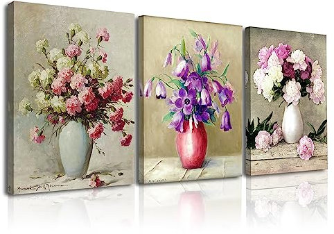 Piy Painting 3X Cuadro Sobre Lienzo, Cuadros De Arte Moderno Flores Floreciendo Imágenes - Impresión en Lienzo Acuarela Imagen Pinturas Murales Decor Dibujo con Marco, para Dormitorio y Baño 30x40cm