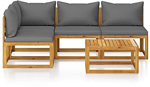 Tidyard 5tlg Garten-Loungeset mit Dunkelgrau Auflage Witterungsbeständig Sitzgruppe Loungesofa Gartensofa Sofagarnitur Sitzgarnitur Ecksofa Mittelsofa Gartenmöbel für Terrasse Balkon Massivholz Akazie