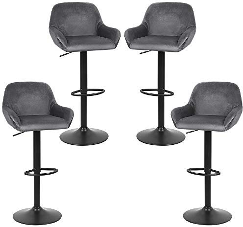 4X Barsessel Loungesessel, stufenlose Höhenverstellung, Metall, Samt, gut gepolsterte Sitzfläche mit Armlehne und Rücklehne, Dunkelgrau