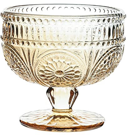 CHOOLD Vintage Sunflower Embossed Glass Footed Dessert Bowl for Ice Cream, Trifle, Salad, Candy, Cake - Home Party Wedding 9 oz, Amber