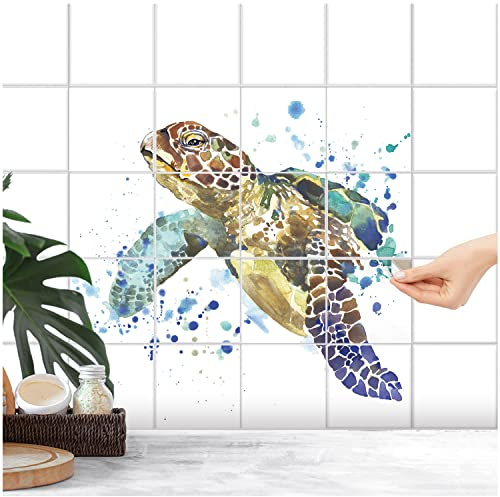 FoLIESEN Fliesenaufkleber - Deko für Bad, Küche, Badezimmer - Dekoration Fliesen-Bild Wasserschildkröte Selbstklebend - Meeresschildkröte (BxH): 20x25 cm - 80x75 cm / 12-tlg.