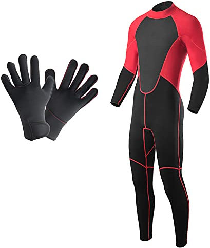 HGYJ Herren 2mm Neopren Neoprenanzug,Einteilige Langarmhose Super elastisch Tauchanzüge+ Neoprenhandschuhe,zum Angeln/Schnorcheln/Surfen.,Red,3XL