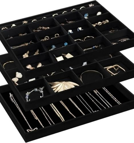 ProCase 3 Grand Rangement Bijoux Tiroir, Plateaux Bijoux, Présentoir Separateur Bijoux, Sans Perdre ou Abîmer, avec 10 crochets et 29 Compartiments Ensemble -Tout Noir