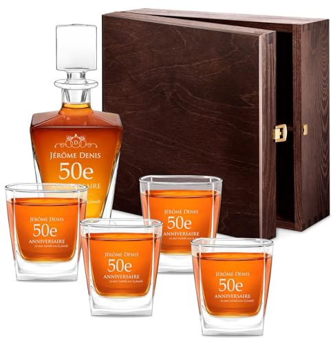 Maverton Ensemble de Carafe et 4/6 Verres à personnaliser | 0,8L Décanteur Whiskey + 2/4/6 Verres de 250ml, Souvenir pour homme, Service à Whisky pour lui, pour anniversaire, Nom