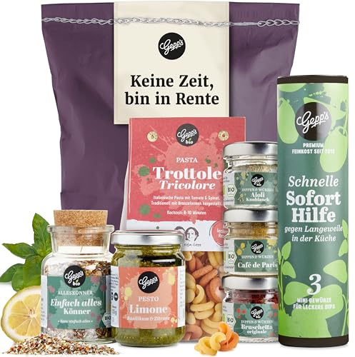 Gepp's Feinkost Rentenbox I Liebevoller Geschenkkorb für den Ruhestand | Mit Pasta, Pesto und weiteren Delikatessen I Rentner Geschenk für mehr Spaß beim Nichtstun