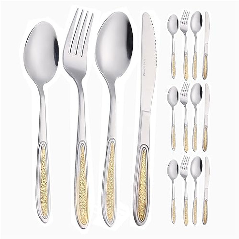 16 Pezzi Vintage Goffrato Placcato Oro Manico Cucina Acciaio Inossidabile Argenteria Posate Posate Coltelli Forchette Cucchiai Set Per 4 Persone (Oro argento)