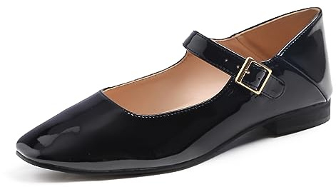Feversole Damen Weiches Kissen Extra Gepolstert Komfort Quadratischer Zehe Mary Jane Metallschnalle Mode Ballerinas Wanderschuhe, Schwarz Patent Mary Jane,41