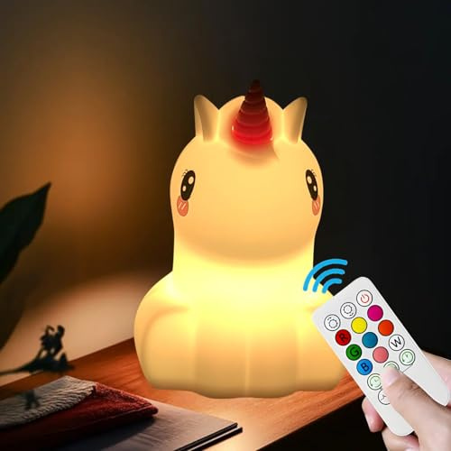 xinjinhju Nachtlicht für Kinder Einhorn Nachttischlampe Kinderzimmerlicht Kinder-Nachtlichter Dekorative Lichter - Augenschutz, einstellbare Helligkeit und Farbe, Zeiteinstellung – Medium