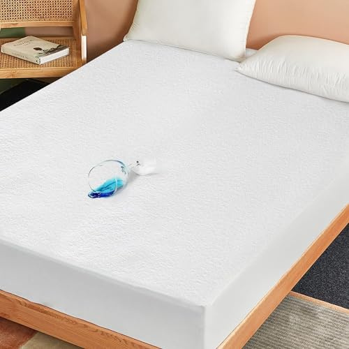 SKY BEDDINGS Full Size Waterproof Mattress Protector - Premium Terry Mattress Cover, Ultra Soft, Breathable, Noiseless Bed Cover, Fitted Sheet with Stretchable Deep Pockets Upto 15 - White