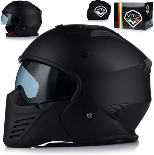 Jet Helm mit Sonnenblende | VITO BRUZANO | Rollerhelm Trial Helm | ECE 22.06 Zertifiziert | Motorradhelm mit abnehmbarem Kinnriemen | Größe XXL